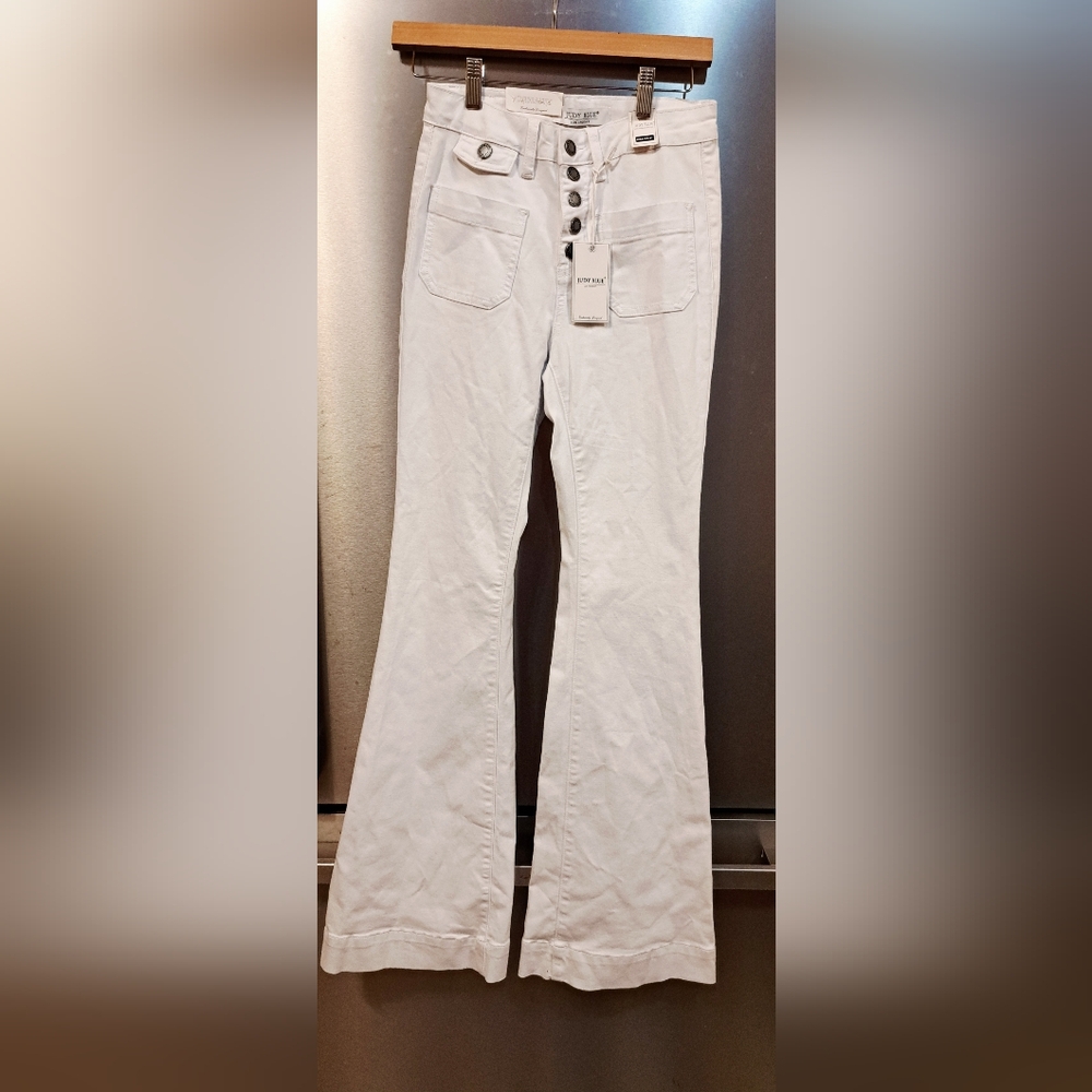 Ladies Judy Blue Jeans White Flare Fit Exposed Button Fly Stretch Denim Sz 0/24